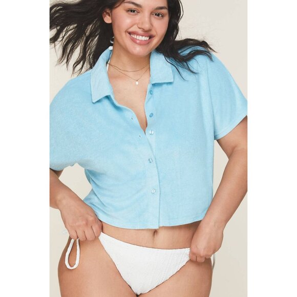 Andie The Cropped Button Up Sz Small Cabana Blue Terry Cloth Lounge & Resort Top - Picture 4 of 16